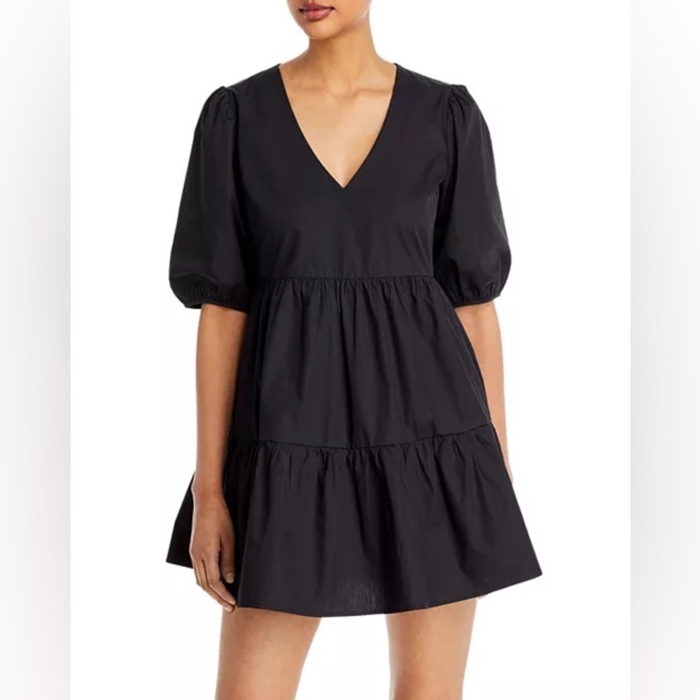 Aqua Women’s V-Neck Poplin Puff Sleeve Mini Dress Black (Needs Button) S NWT